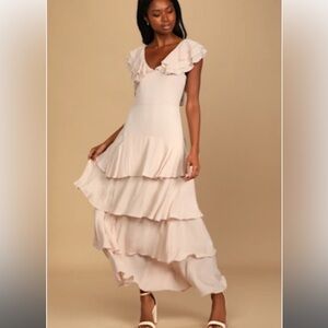 Lulus Tiering Up My Heart Shiny Blush Pink Ruffled Maxi Dress NWT Bridal Wedding